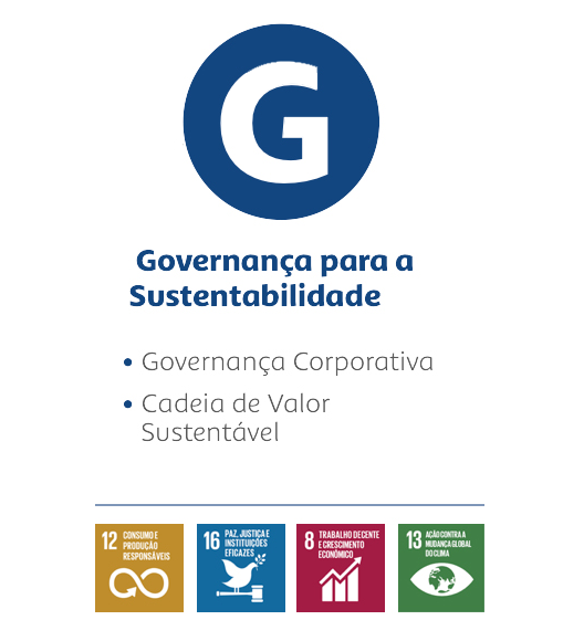 Arte com a letra G, seguido do texto “Governança para a Sustentabilidade; Governança Corporativa; Cadeia de Valor Sustentável”.